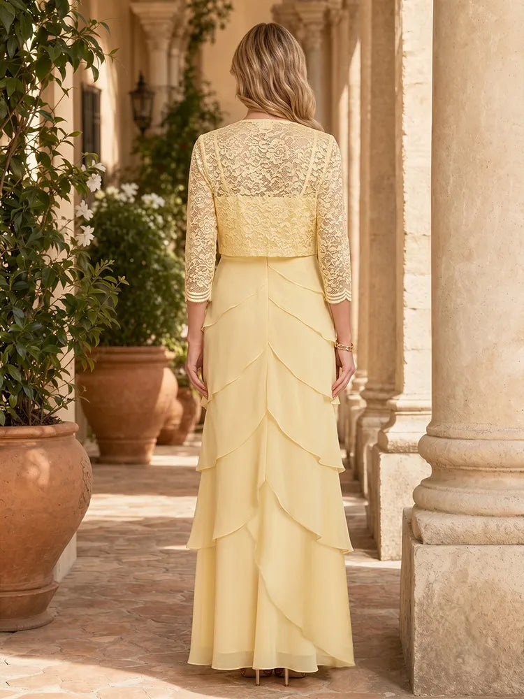 Elegant A-Line V-Neck Lace-Jacket Chiffon Floor-Length Mother of the Bride Dress