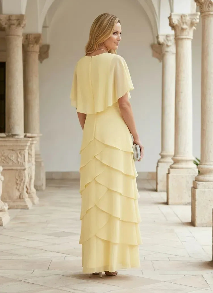 Elegant A-Line V-Neck Flutter-Sleeve Closed-Back Floor-Length Mother of Bride Dress