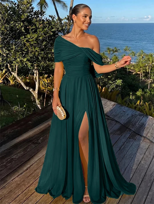 Elegant A Line One Shoulder Draped Chiffon Floor Length Prom Dress