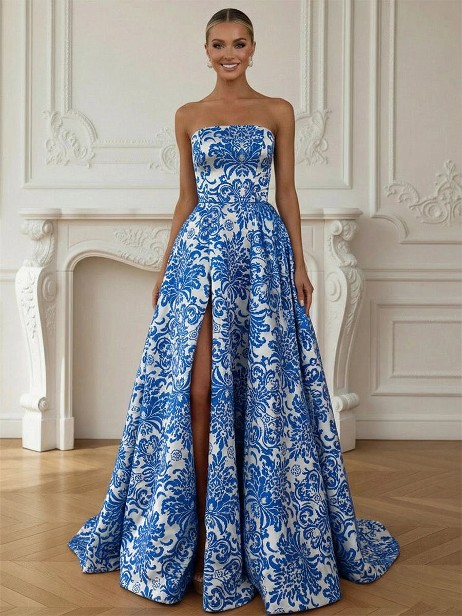 Elegant Brocade A-Line Strapless Sleeveless Lace-Up Slit Floor-Length Prom Dress