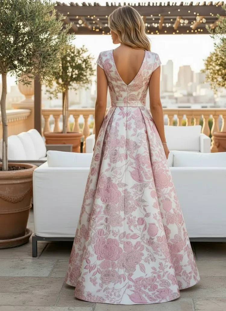 Elegant A-Line Square-Neck Cap-Sleeve Jacquard Floor-Length Mother of the Bride Dress