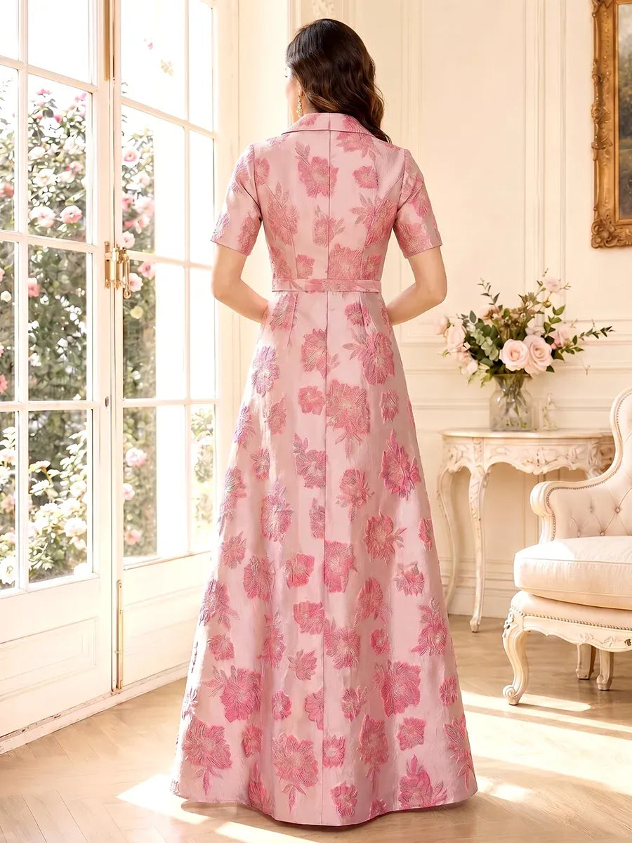 Elegant A-Line V-Neck Short Sleeve Closed Back Maxi Mother of the Bride Dress