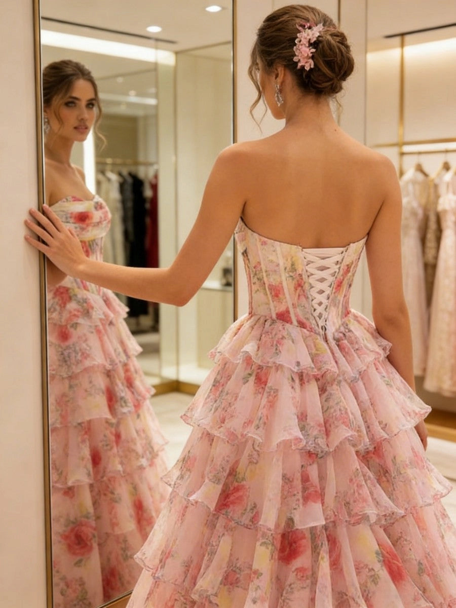 Romantic Floral Tulle A-Line Strapless Corset Lace-Up Tiered Prom Dress