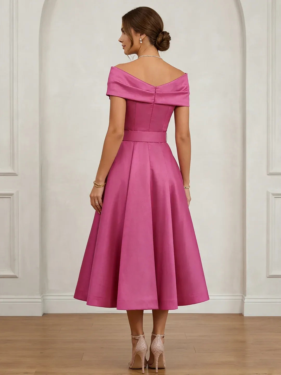 Elegant A-Line Off Shoulder Short Sleeve Zip Back Midi Wedding Guest Dress
