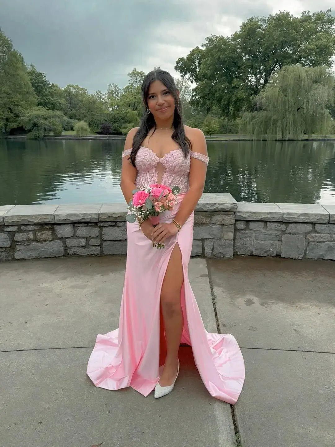 Romantic Satin Mermaid Sweetheart Off Shoulder Lace Up Floor Length Prom Dress