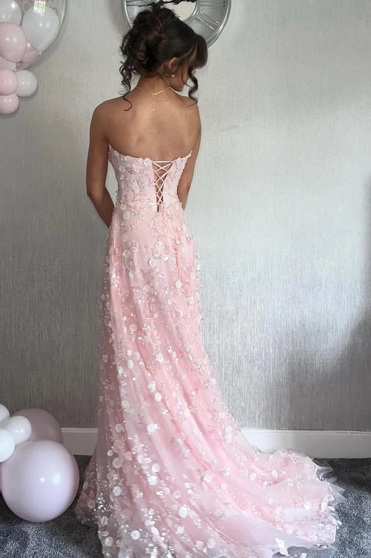 Romantic Pink Sequin A-Line Sweetheart Strapless Lace-Up Back Floral Floor-Length Prom Dress