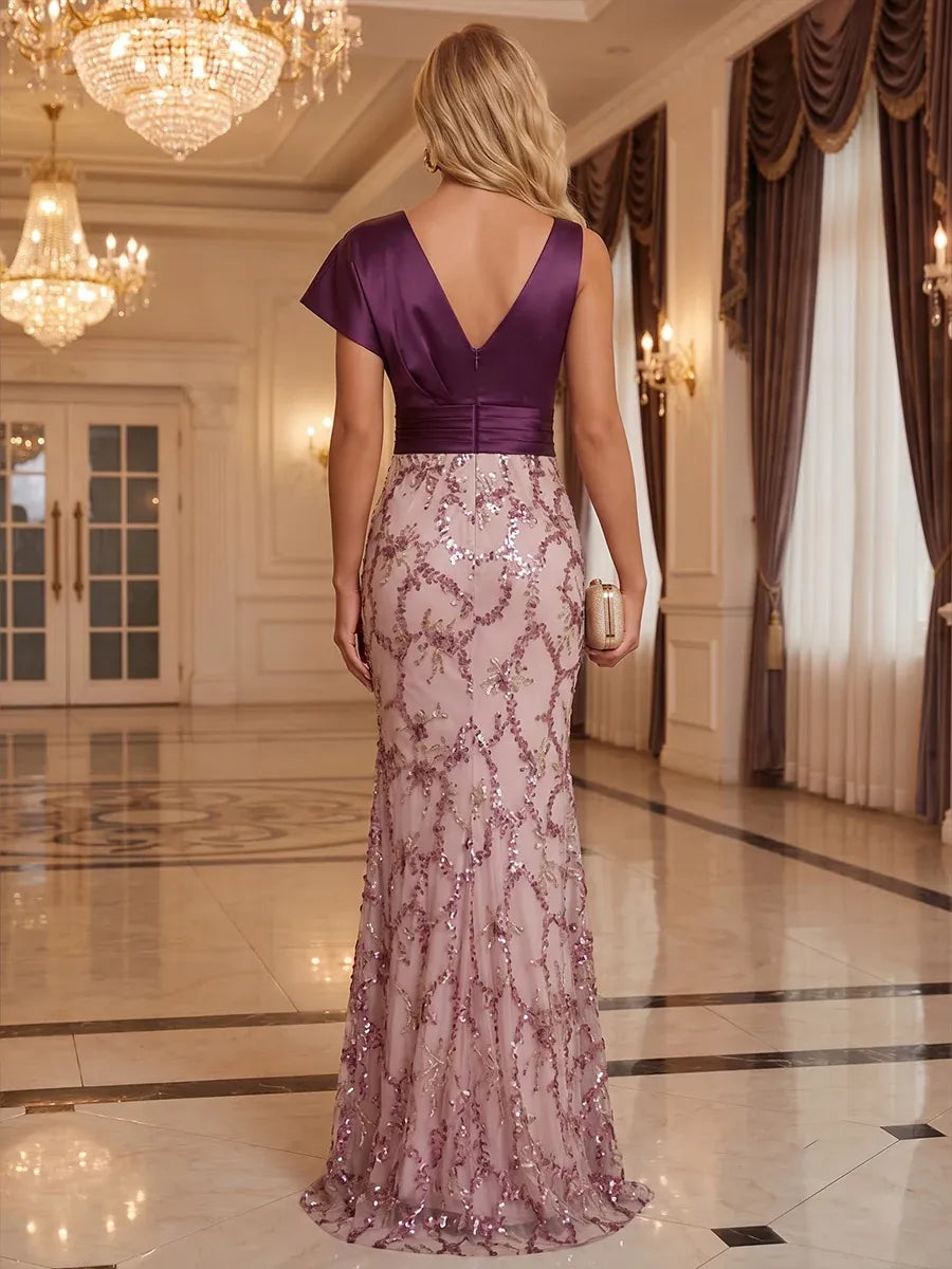 Elegant Sheath V-Neck Cap-Sleeve V-Back Sequin Mother of the Bride Dress