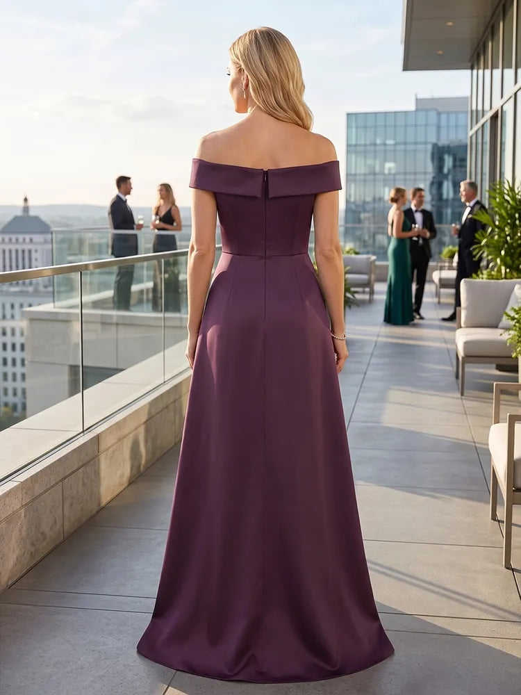 Elegant A-Line Off-Shoulder Embellished Satin Floor-Length Mother of the Bride Dress