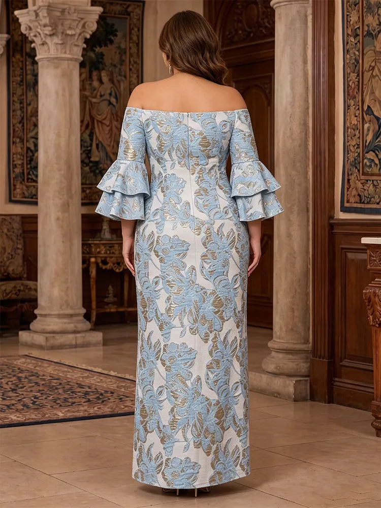 Elegant Plus-Size Sheath Off-Shoulder Bell-Sleeve Jacquard Floor-Length Mother of the Bride Dress