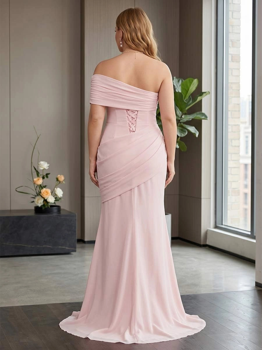 Elegant Plus Size Chiffon Mermaid Off-Shoulder Lace-Up Back Floor-Length Evening Dress
