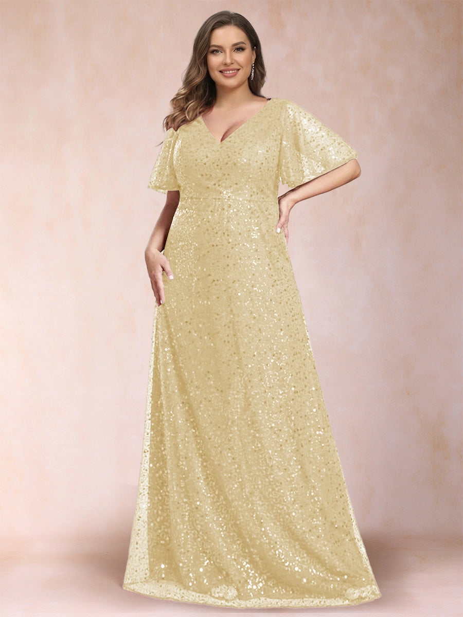 Elegant Plus Size Sequin Lace A-Line V-Neck Flutter-Sleeve Zipper-Back Floor-Length Evening Dress