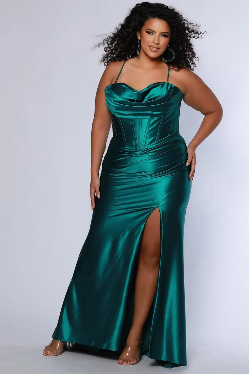 Elegant Plus Size Sheath Cowl Neck Sleeveless Satin Floor Length Prom Dress