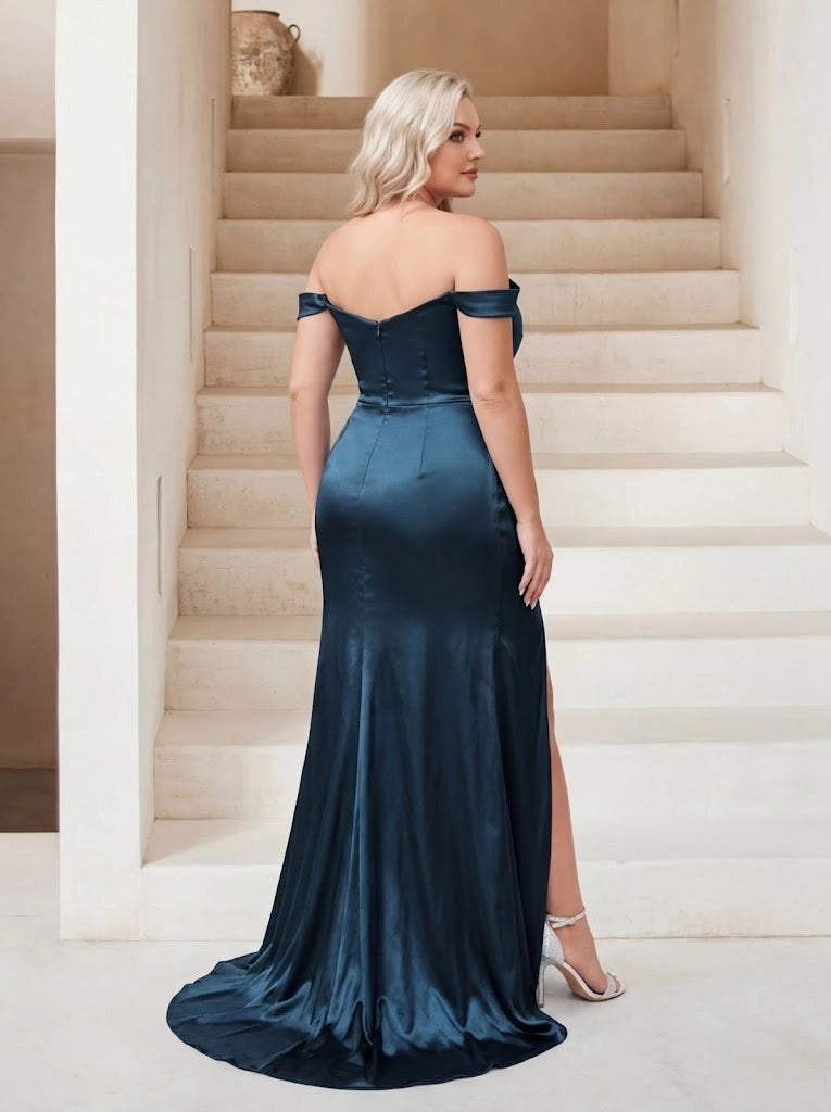 Elegant Plus Size Satin Mermaid Sweetheart Off-Shoulder Zipper-Back Split Evening Dress