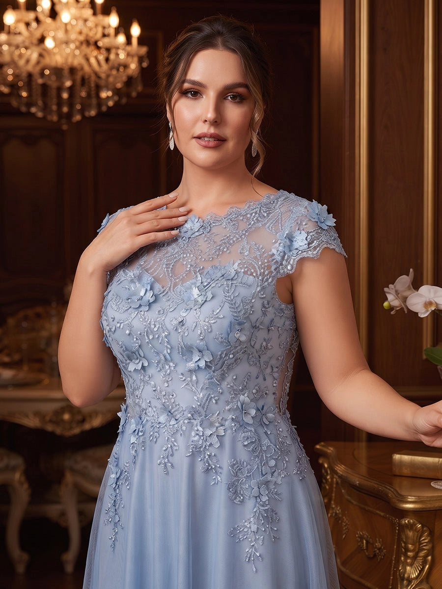 Elegant Plus Size Tulle A-Line Illusion Scoop Cap-Sleeve Sheer-Back Floor-Length Evening Dress