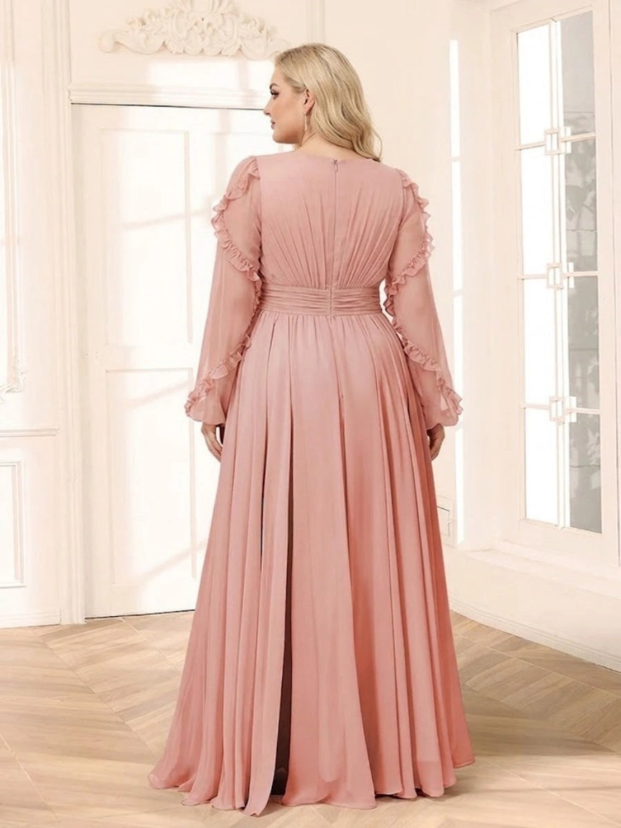 Elegant Plus Size Chiffon A-Line V-Neck Ruffle-Sleeve Zipper-Back Floor-Length Evening Dress