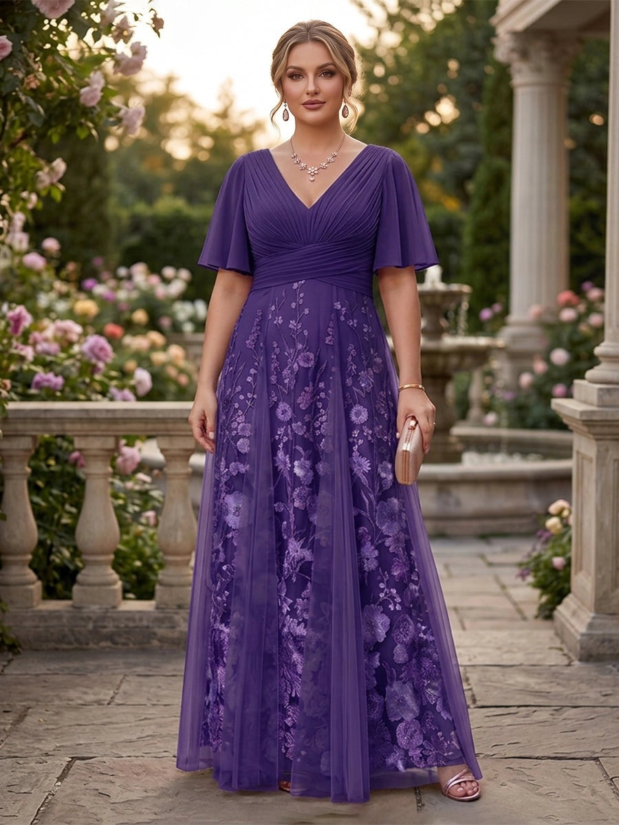 Romantic Plus Size Floral Tulle A-Line V-Neck Flutter-Sleeve V-Back Floor-Length Evening Dress