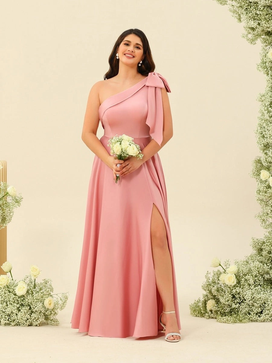 Elegant Plus Size Satin A-Line One-Shoulder Bow Split Floor-Length Bridesmaid Dress