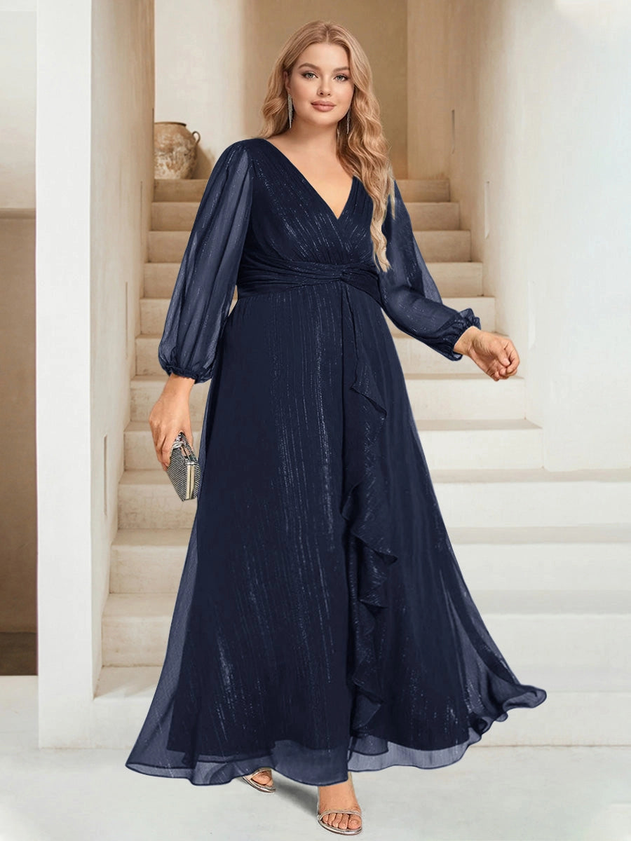 Elegant Plus Size Chiffon A-Line V-Neck Long-Sleeve Zipper-Back Ruffle Floor-Length Evening Dress