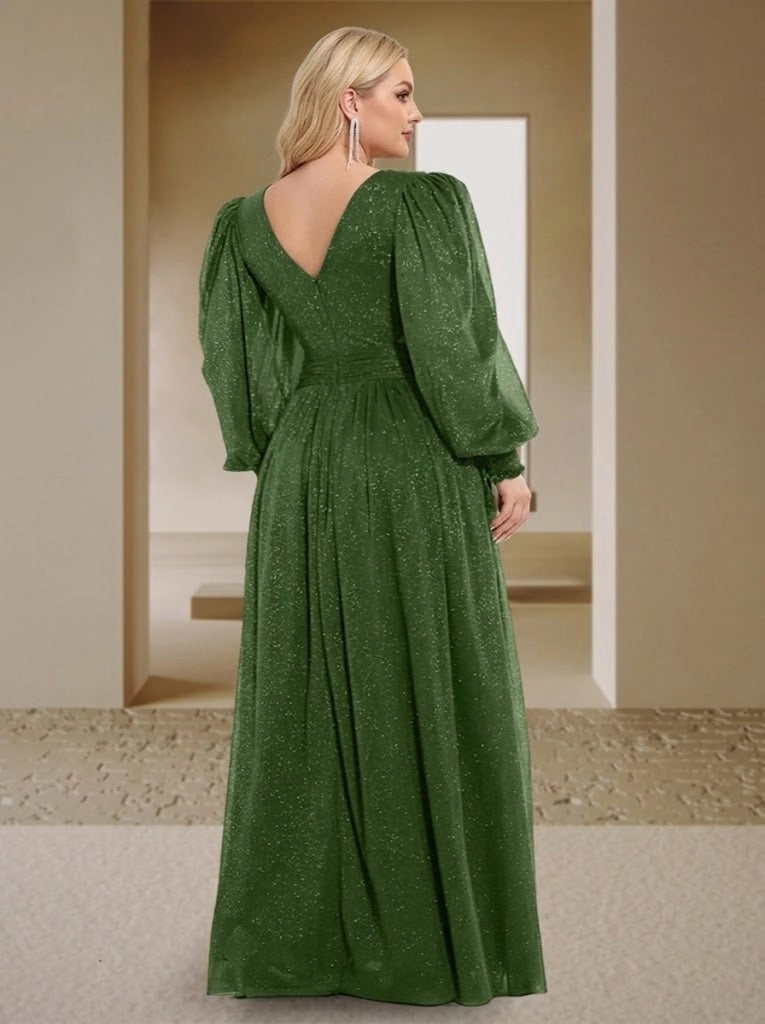 Elegant Plus Size Chiffon A-Line V-Neck Long-Sleeve V-Back Slit Floor-Length Evening Dress