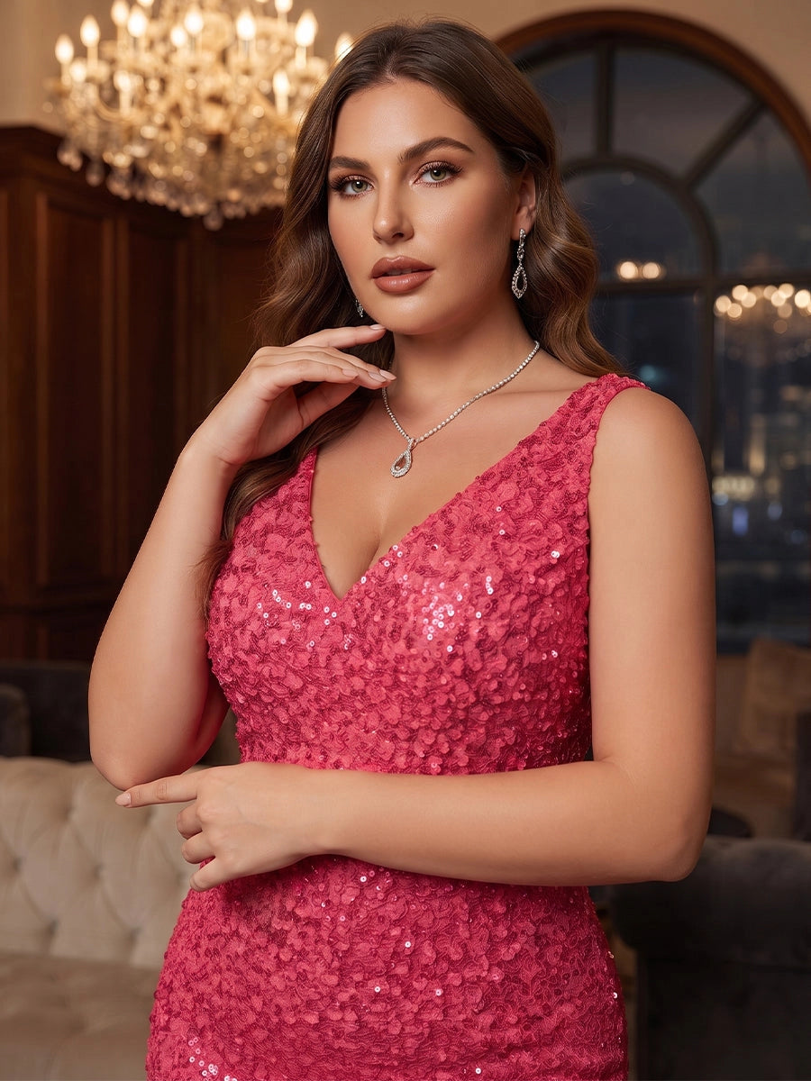 Glamorous Plus Size Column V-Neck Sleeveless Crisscross-Back Sequin Floor-Length Evening Dress