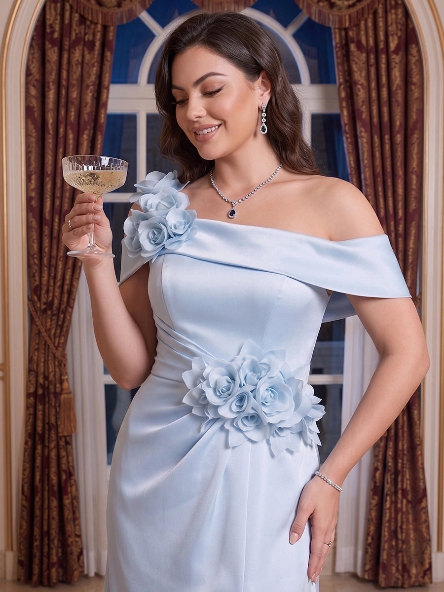 Elegant Plus Size Satin A-Line Asymmetric Off-Shoulder Floral Zipper-Back Floor-Length Evening Dress