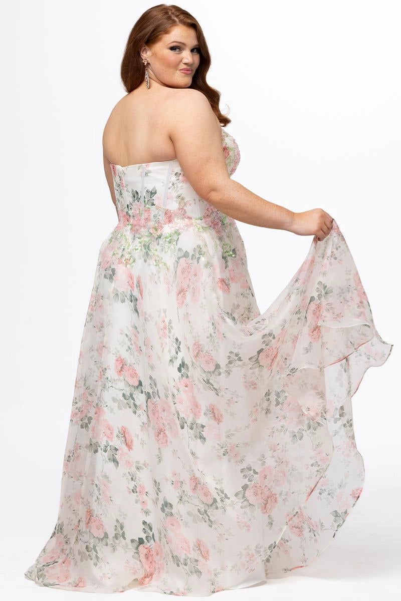 Romantic Plus Size A Line Sweetheart Strapless Floral Chiffon Prom Dress