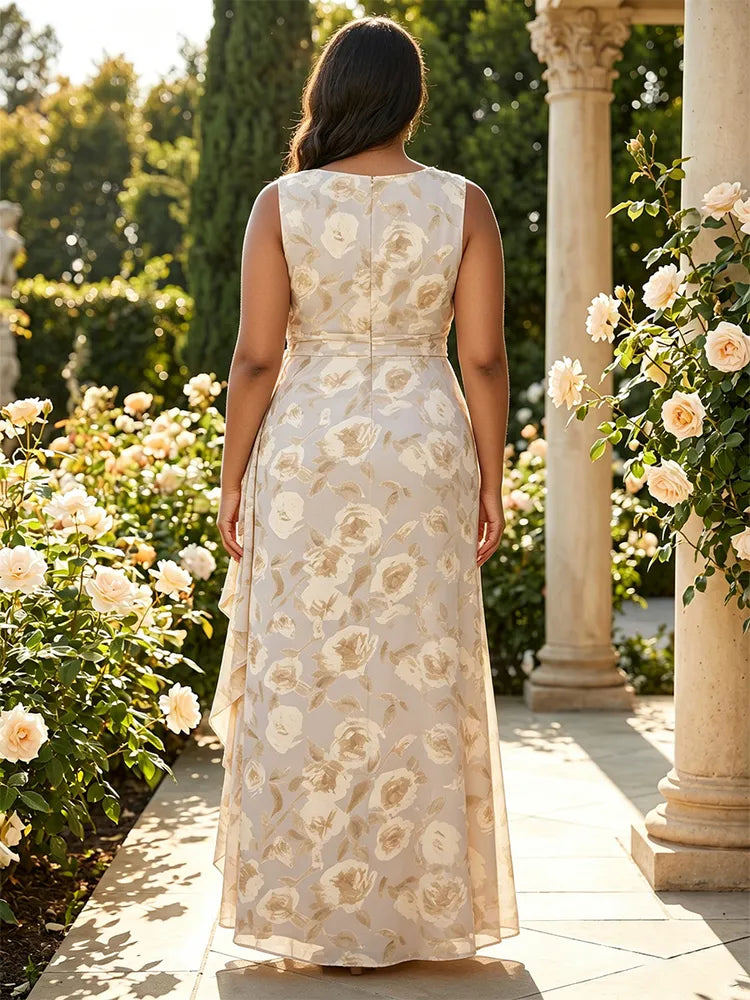 Elegant Plus Size A-Line Round-Neck Sleeveless Floral Floor-Length Wedding Guest Dress