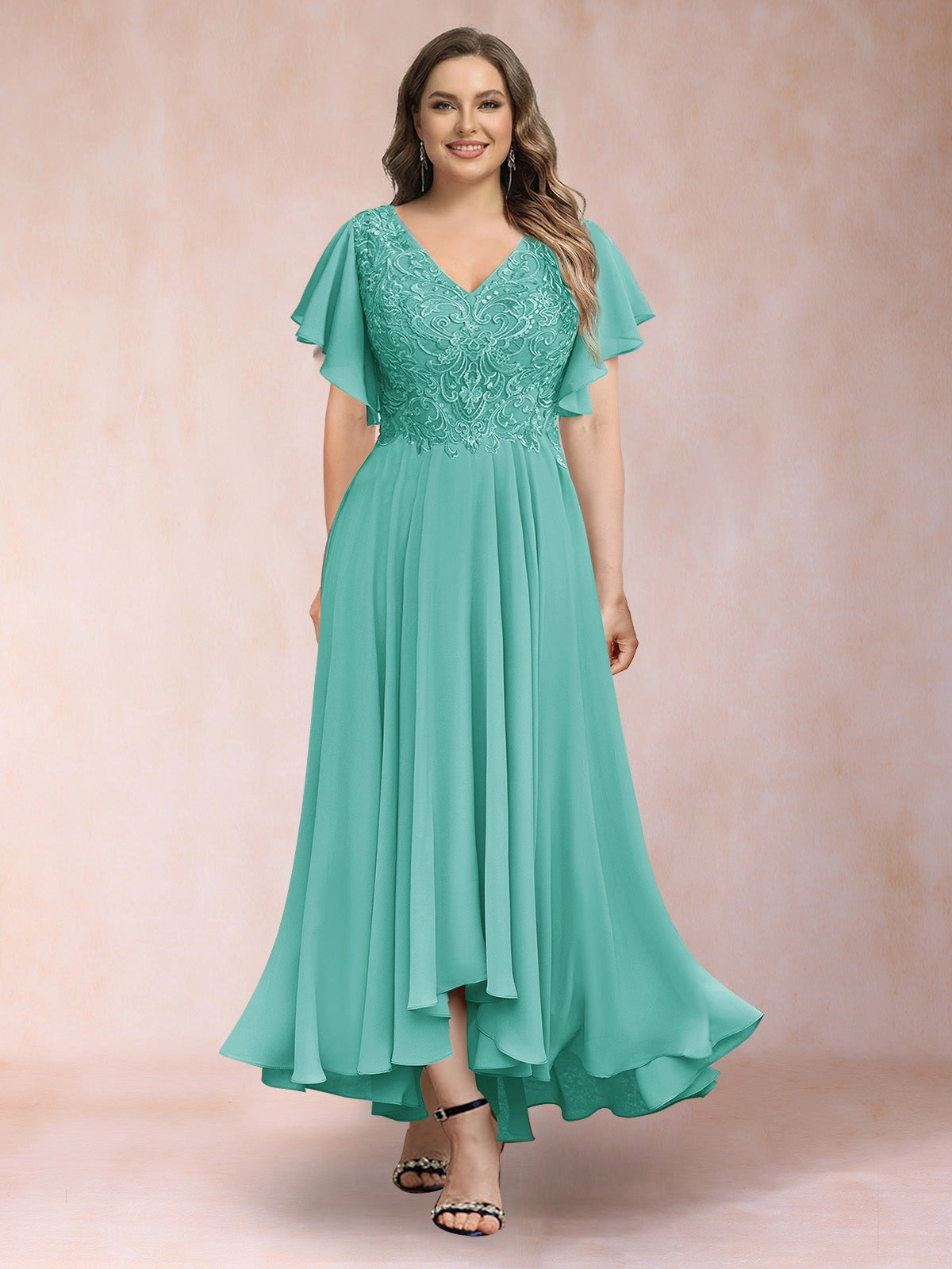 Plus Size Chiffon A-Line V-Neck Flutter Sleeve Closed-Back Midi Evening Dress