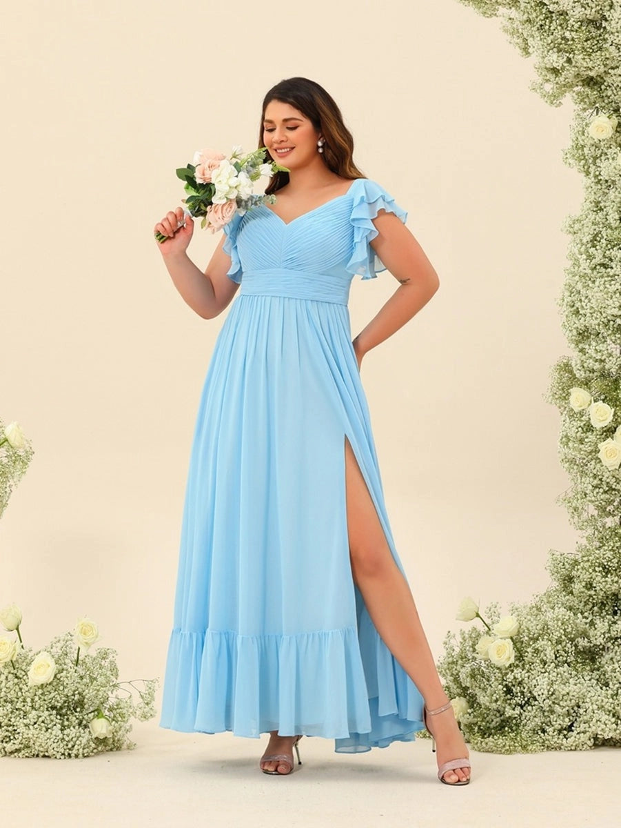 Elegant Plus Size Chiffon A-Line V-Neck Ruffle-Sleeve Scoop-Back Slit Floor-Length Evening Dress