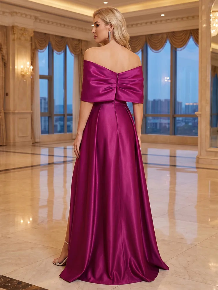 Glamorous A-Line Off-Shoulder Cape-Sleeve Satin Floor-Length Plus-Size Mother of the Bride Dress