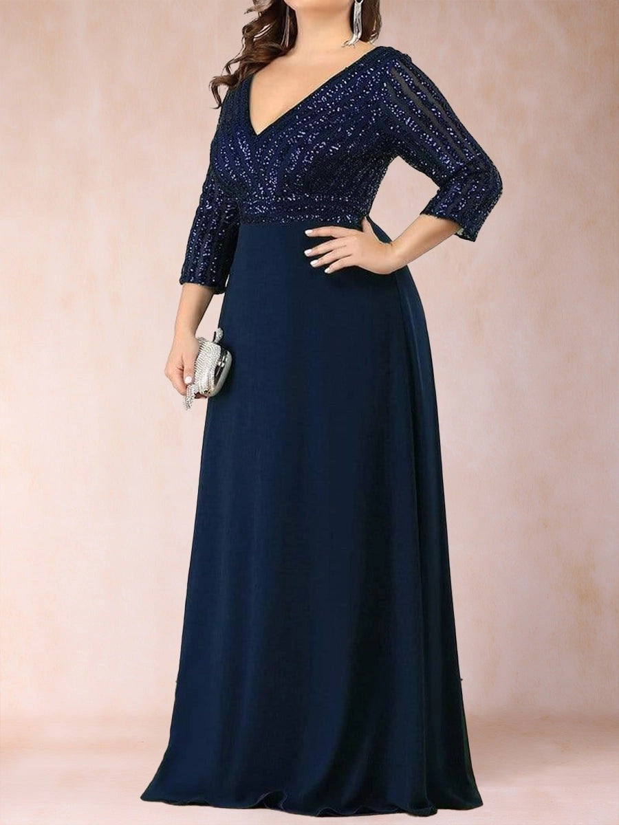Elegant Plus Size Sequin Chiffon A-Line V-Neck Three-Quarter-Sleeve V-Back Floor-Length Evening Dress