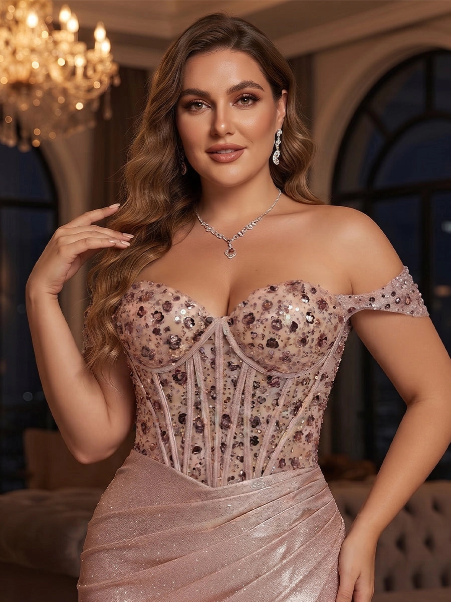 Plus Size Glitter Mermaid Sweetheart Off-Shoulder Beaded Zipper-Back Slit Floor-Length Evening Dress