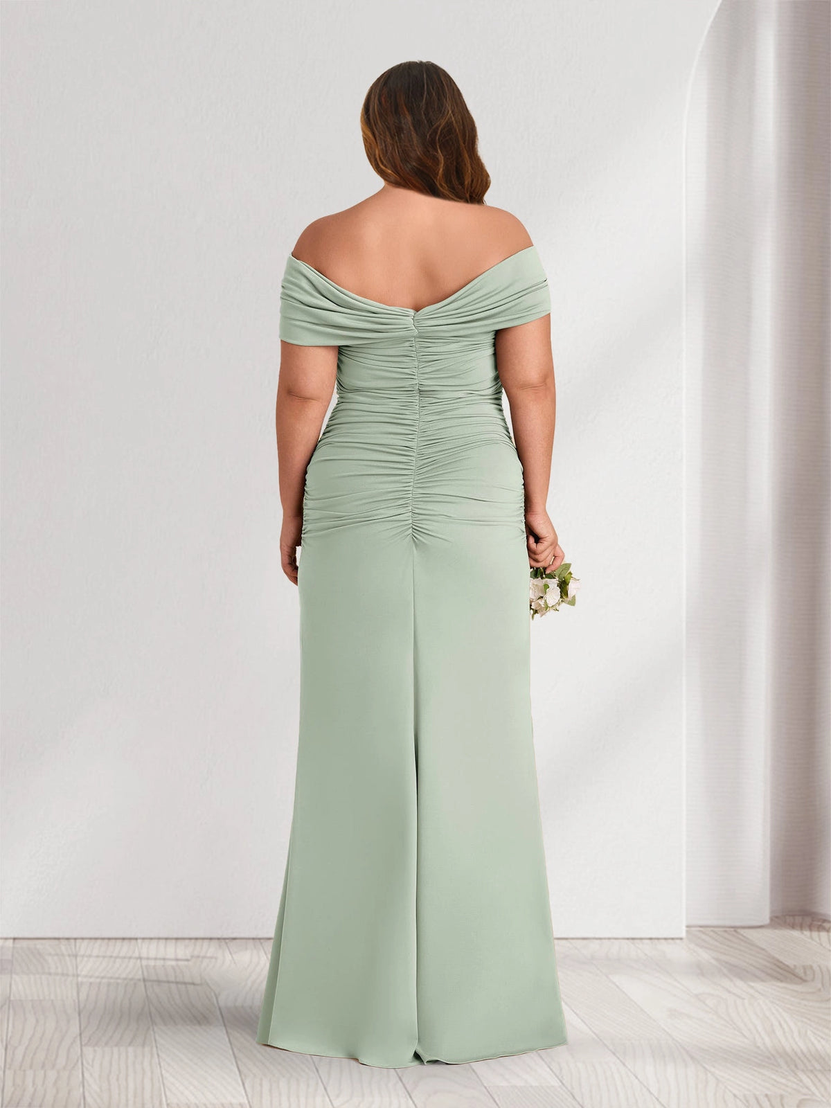 Elegant Plus Size Jersey Sheath Rosette Off-Shoulder Sleeveless Ruched-Back Floor-Length Evening Dress