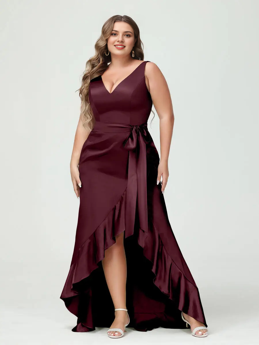 Elegant Plus Size A-Line V-Neck Sleeveless V-Back Satin Wedding Guest Dress