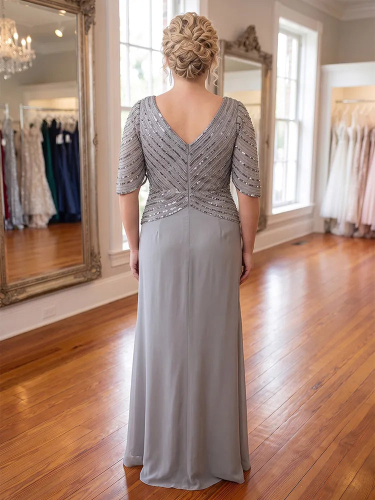 Elegant Plus-Size A-Line V-Neck Half-Sleeve Chiffon Floor-Length Mother of the Bride Dress
