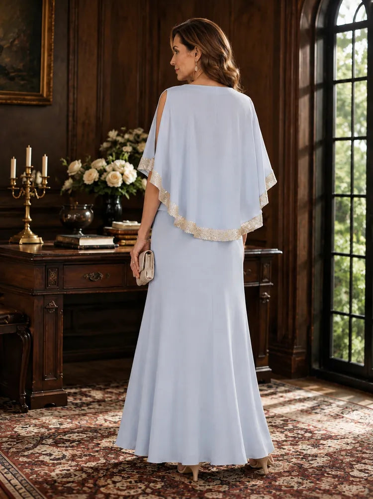 Elegant A-Line Round-Neck Cape-Sleeve Chiffon Floor-Length Mother of the Bride Dress
