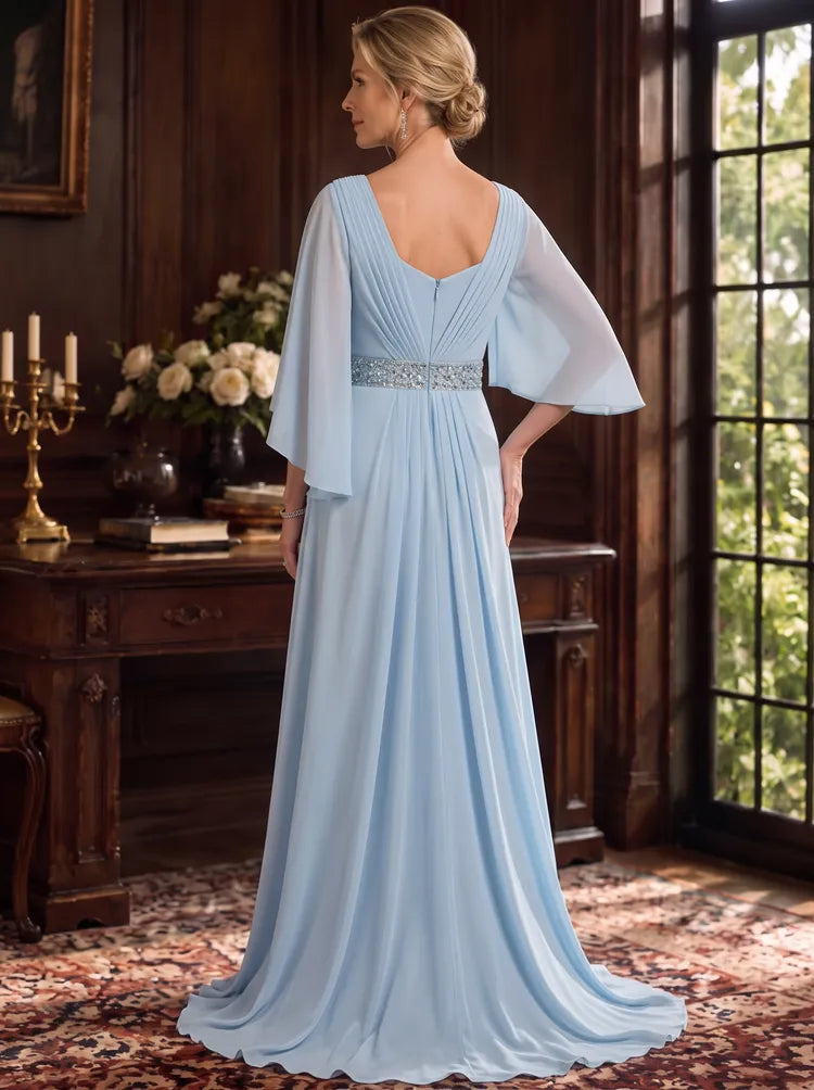 Elegant A-Line Square-Neck Cape-Sleeve Chiffon Floor-Length Mother of the Bride Dress