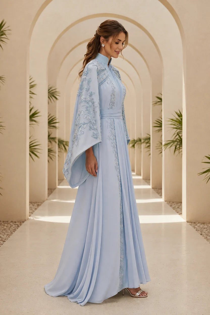 Elegant A-Line Mandarin Neck Draped Sleeve Chiffon Mother of the Bride Dress