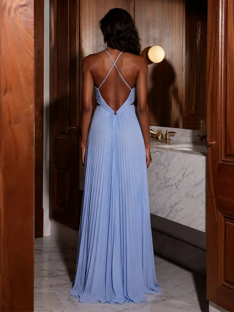 Elegant A-Line Halter-Neck Sleeveless Chiffon Cutout Floor-Length Evening Dress