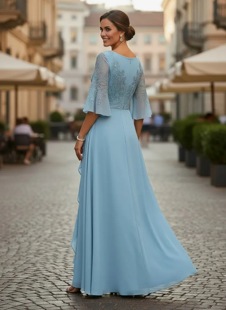 Elegant A-Line Round-Neck Bell-Sleeve Lace Floor-Length Mother of the Bride Dress