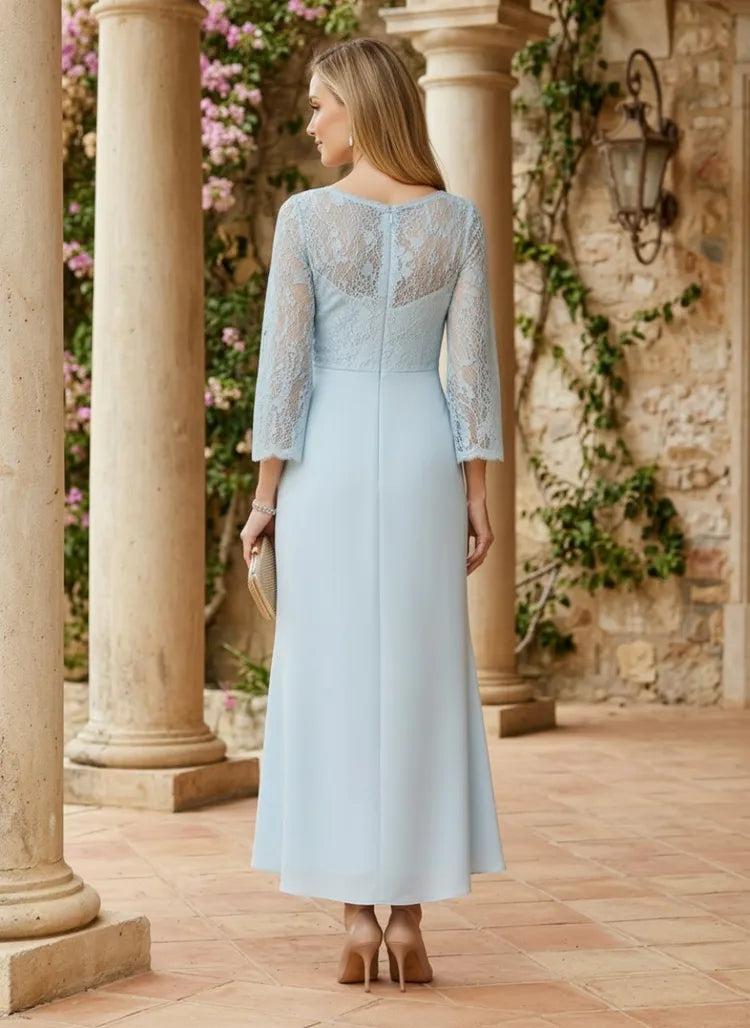 Elegant A-Line V-Neck Three-Quarter-Sleeve Lace High-Low Mother of the Bride Dress