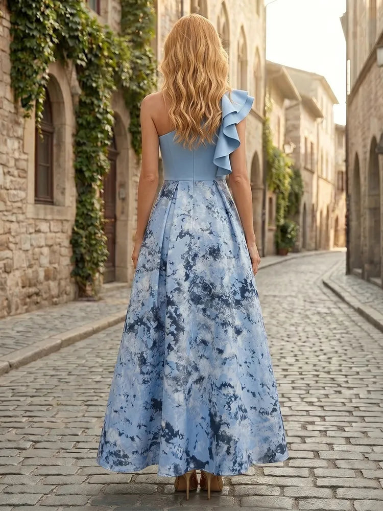 Elegant A-Line One-Shoulder Ruffle Printed Maxi Mother of the Bride Dress