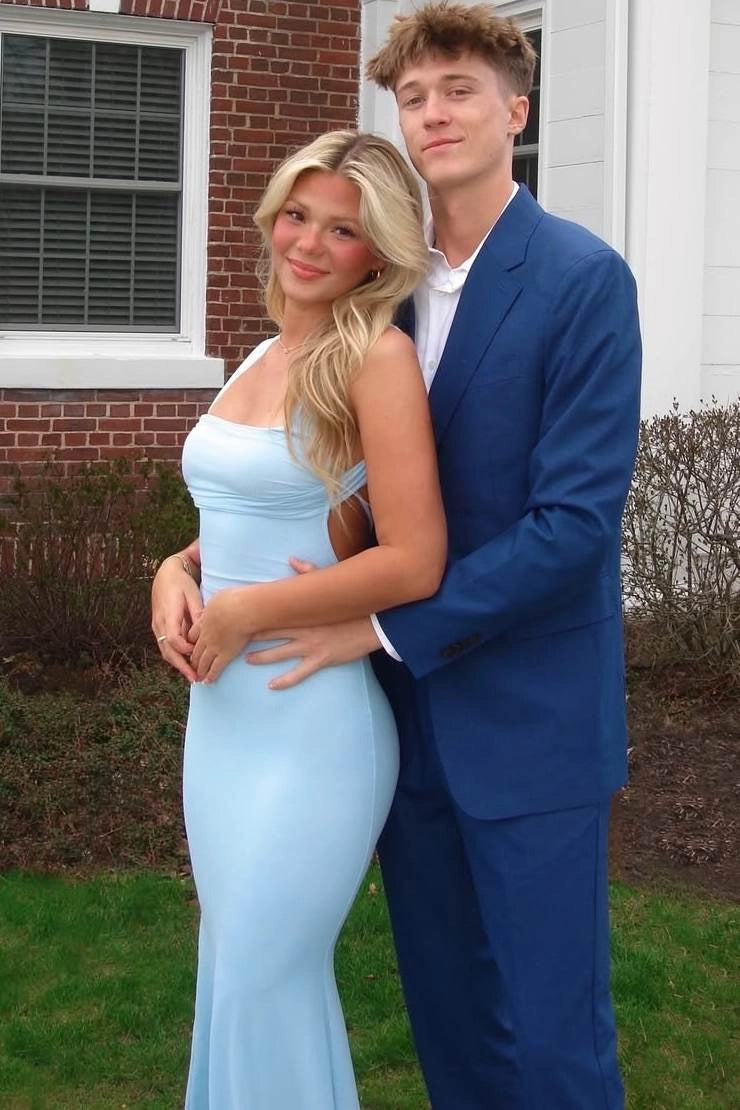 Powder Blue Jersey Sheath Square Neck Strappy Open Back Long Homecoming Dress