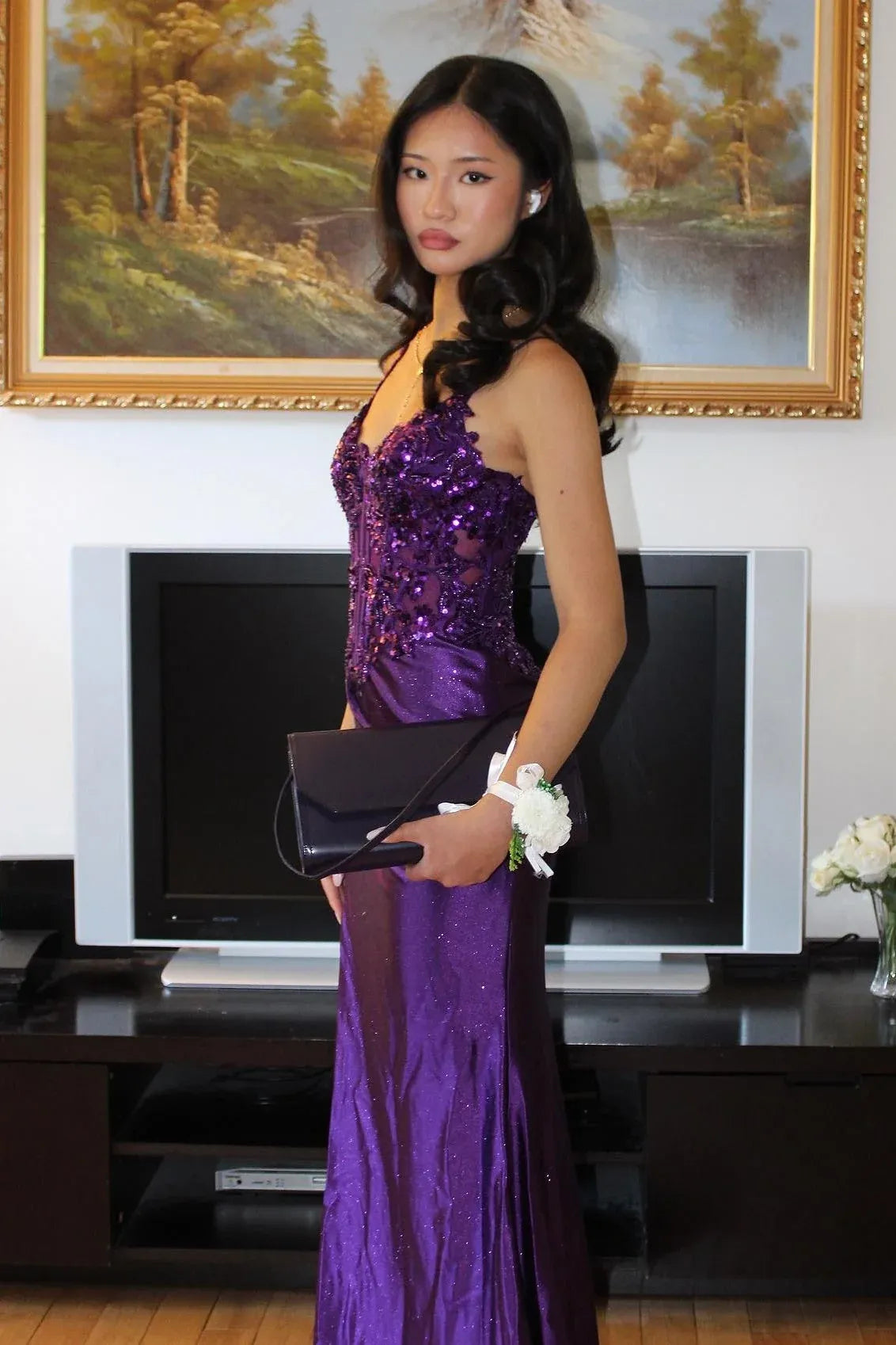 Loverlm Trendy Lace Mermaid V-Neck Spaghetti Strap Corset Slit Long Prom Dress