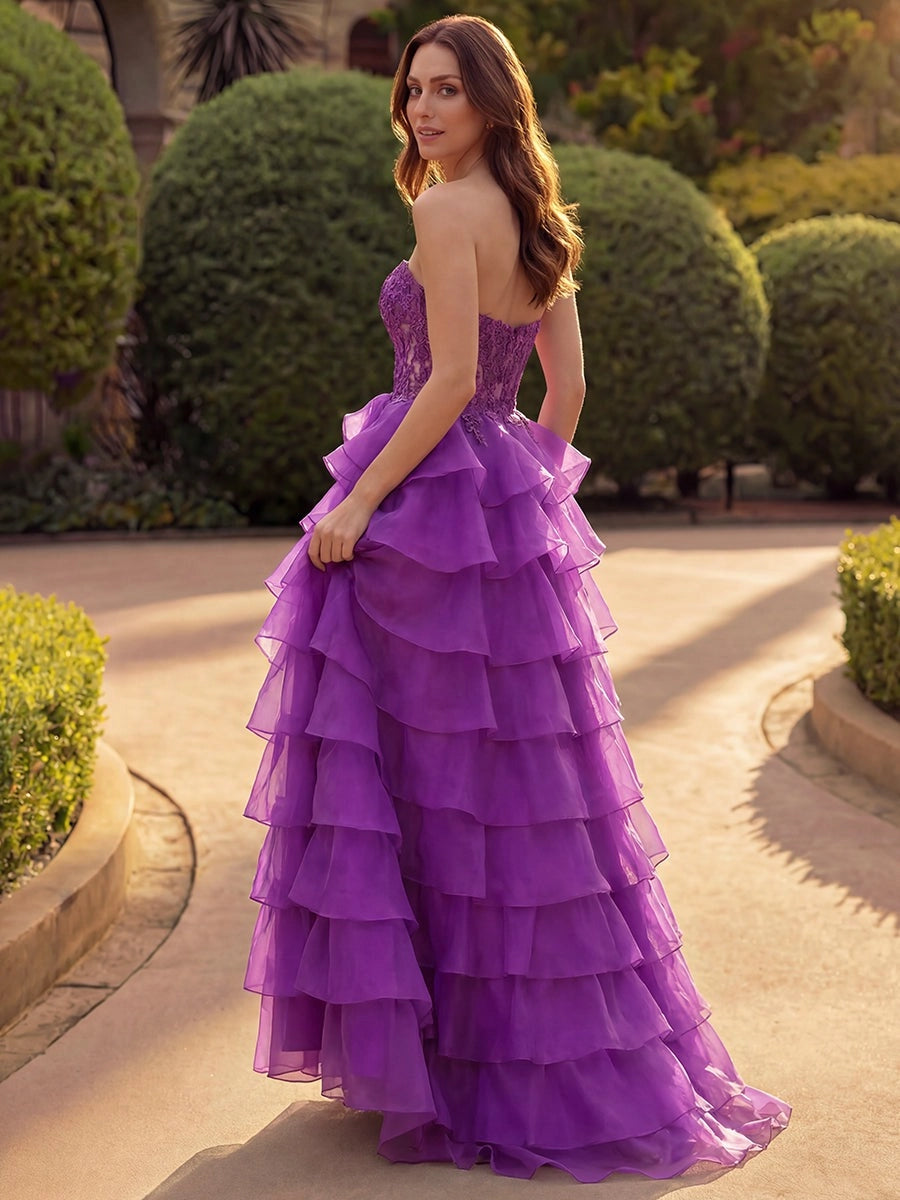 Romantic Lace Ball Gown Sweetheart Strapless Zip-Back Tiered Floor-Length Prom Dress