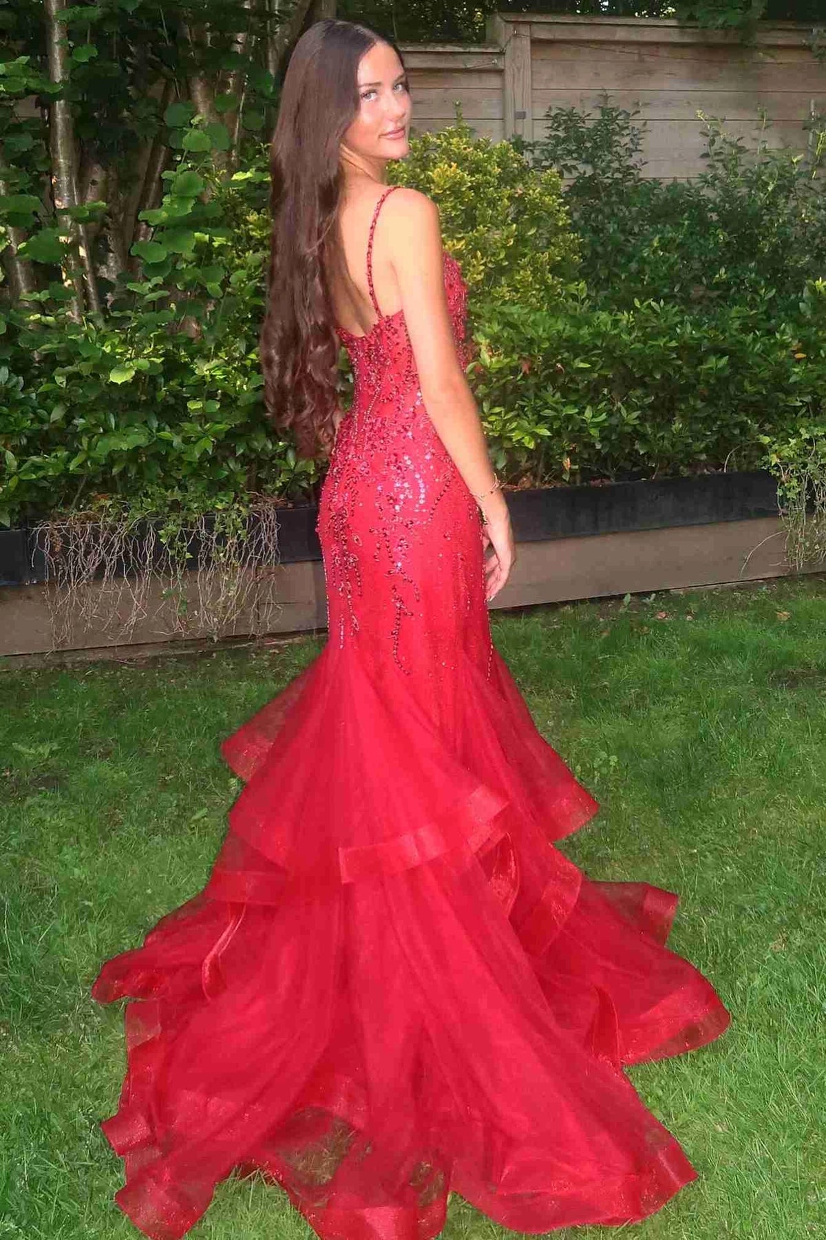 Loverlm Glamorous Beaded Tulle Mermaid V-Neck Sleeveless Low-Back Ruffled Floor-Length Prom Dress