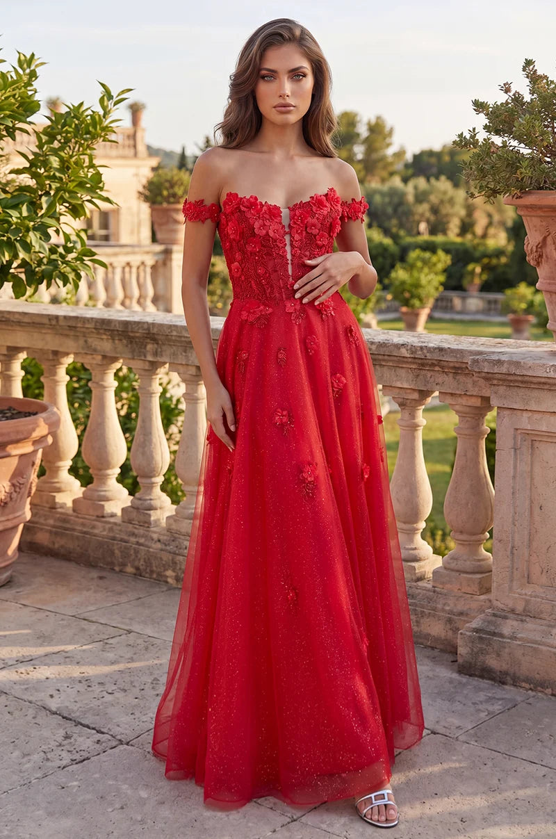 Romantic A-Line Sweetheart Off-Shoulder Floral V-Back Tulle Floor-Length Prom Dress