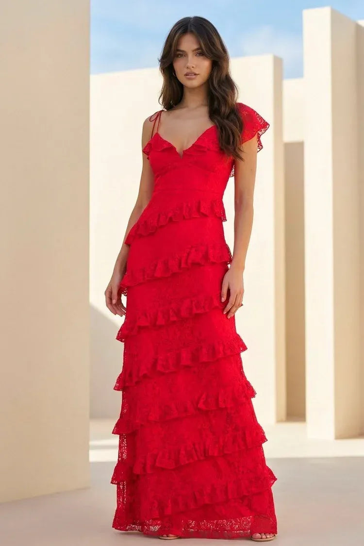Romantic Lace Sheath V-Neck Asymmetric Sleeve Open-Back Floor-Length Prom Dress