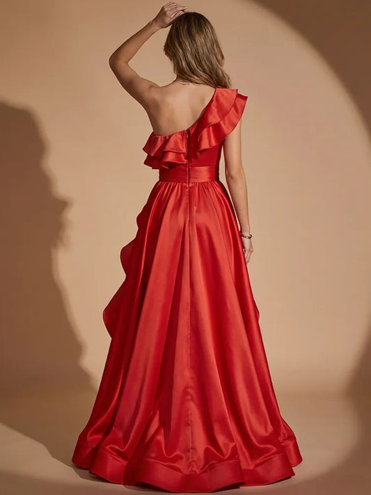 Glamorous Ruffled A-Line One-Shoulder Sleeveless Satin Floor-Length Prom Dress