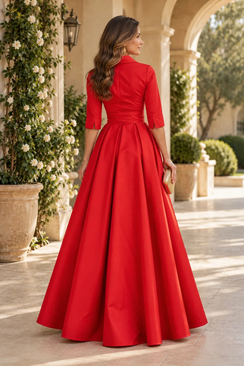 Elegant A-Line Collared V-Neck Three-Quarter Sleeve Satin Floor-Length Mother of the Bride Dress